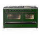 Ilve UM60FNR3EGB Ilve Um60Fnr3Egb Majestic Iii 60 Inch Dual Fuel Range With 9 Burners And Griddle, Dual Function Burner Up To 25,000 Btu (Natural Gas, Triple Glass Door, Emerald Green, Burnished)