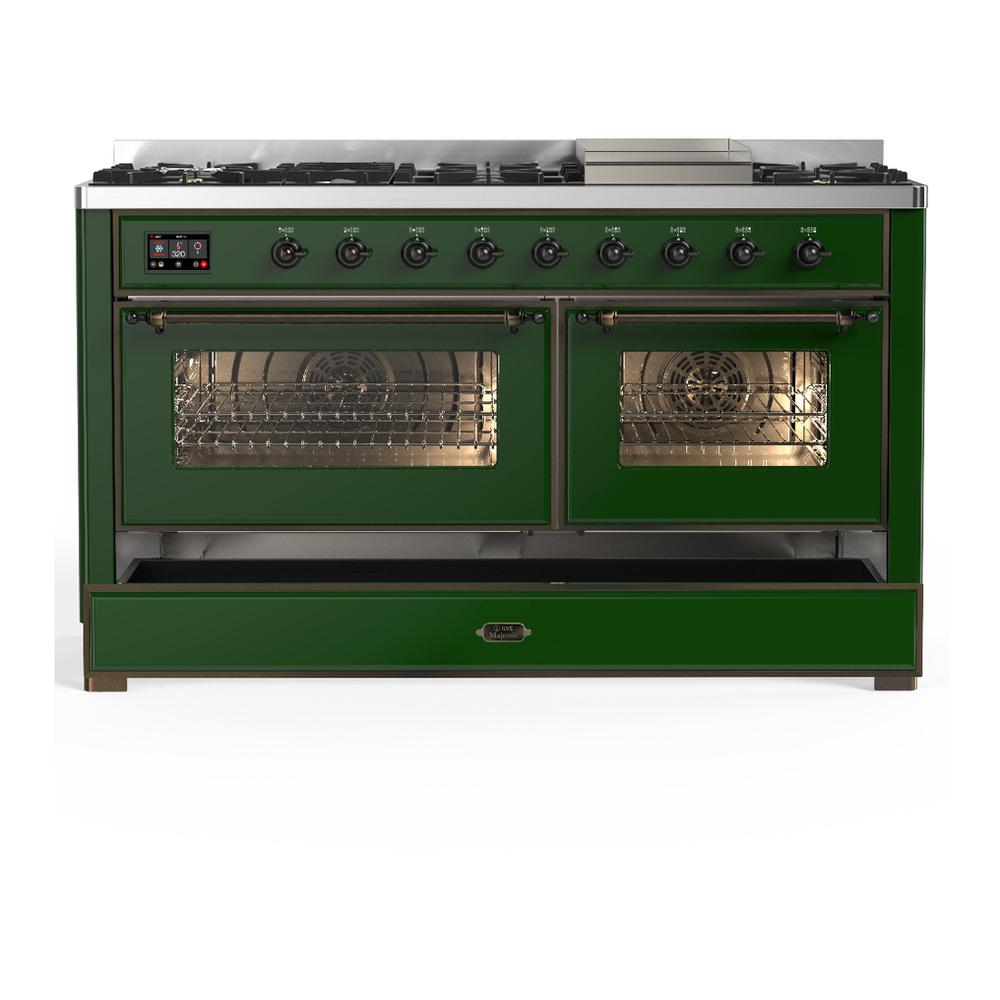 Ilve UM60FNR3EGB Ilve Um60Fnr3Egb Majestic Iii 60 Inch Dual Fuel Range With 9 Burners And Griddle, Dual Function Burner Up To 25,000 Btu (Natural Gas, Triple Glass Door, Emerald Green, Burnished)