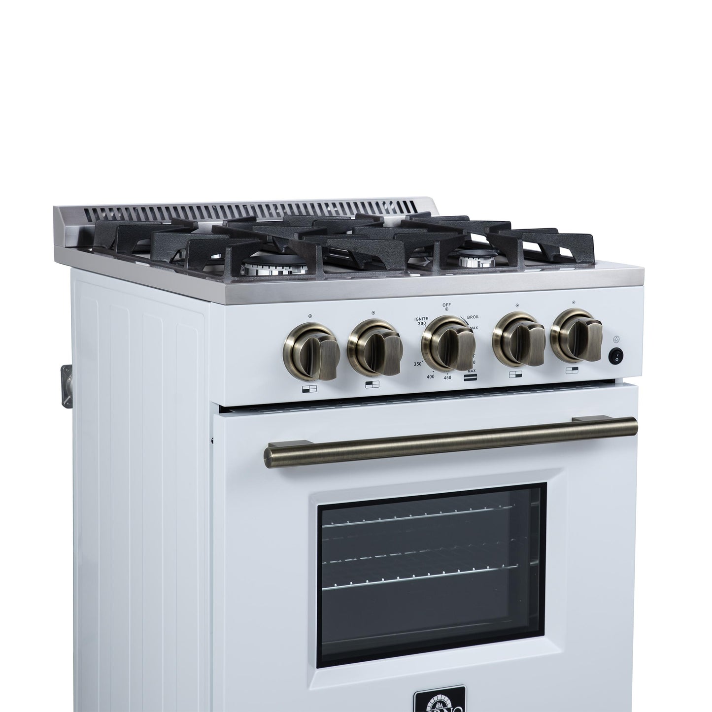 Forno FFSGS627224WHT Forno Breno 24 Inch Freestanding Gas Range In White With Antique Brass, Compact Design