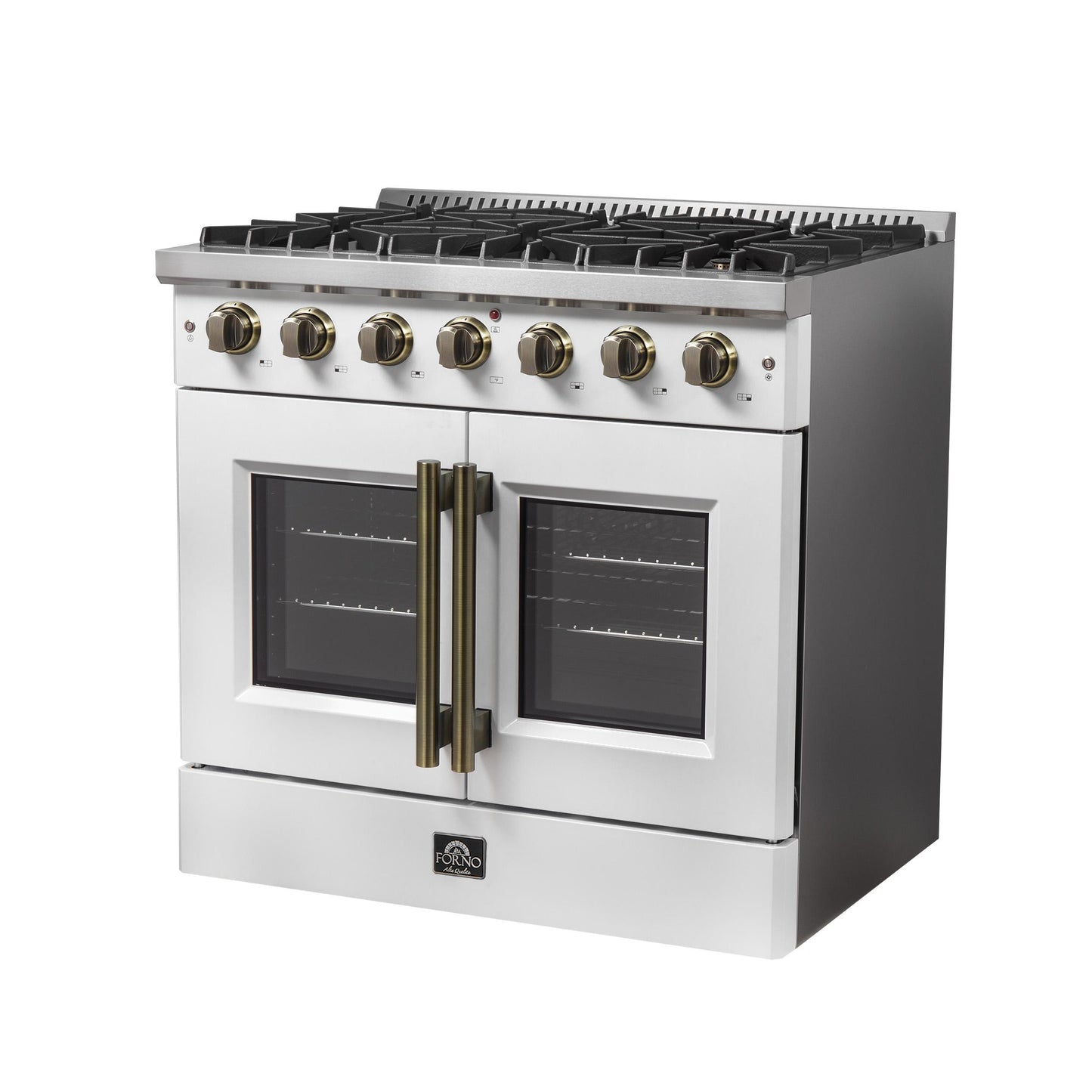 Forno FFSGS644436WHT Forno Galiano 36-Inch French Door Gas Range White And Antique Brass Design, 6 Sealed Burners 83,000 Btu, 5.36 Cu.Ft. Convection Oven