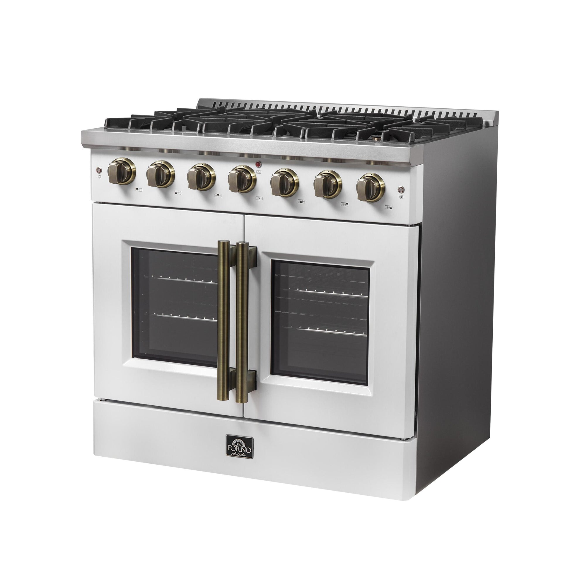 Forno FFSGS644436WHT Forno Galiano 36-Inch French Door Gas Range White And Antique Brass Design, 6 Sealed Burners 83,000 Btu, 5.36 Cu.Ft. Convection Oven