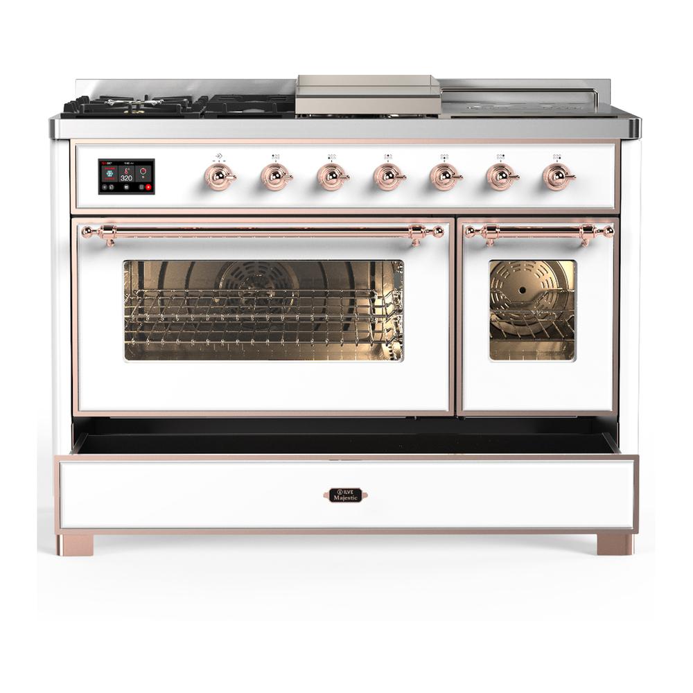 Ilve UM48FSNR3WHPLP Ilve Um48Fsnr3Whplp Majestic Iii 48 Inch Dual Fuel Range With 5 Black Brass Burners, Griddle And French Top, Dual Function Burner Up To 25,000 Btu (Liquid Propane, Triple Glass Door, White, Copper)