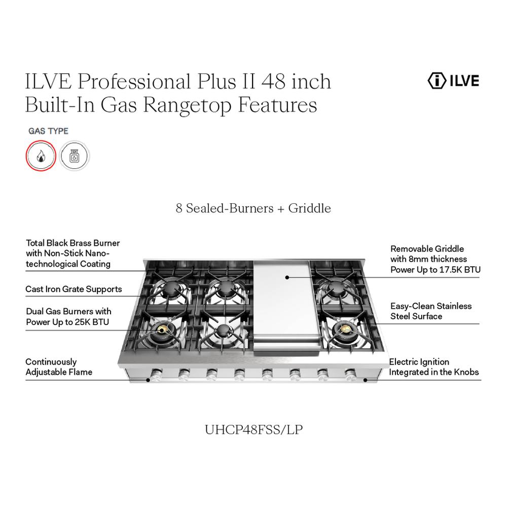 Ilve UHCP48FSSLP Ilve Uhcp48Fsslp Professional Plus Ii 48 Inch Built-In Gas Rangetop With Griddle, In Stainless Steel (Liquid Propane)