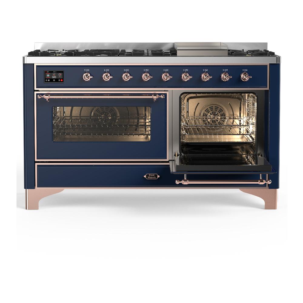 Ilve UM60FNR3MBP Ilve Um60Fnr3Mbp Majestic Iii 60 Inch Dual Fuel Range With 9 Burners And Griddle, Dual Function Burner Up To 25,000 Btu (Natural Gas, Triple Glass Door, Midnight Blue, Copper)