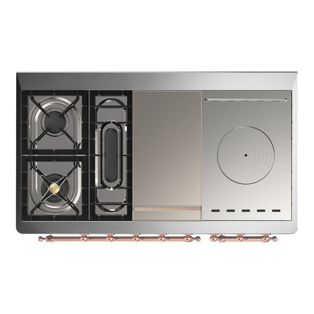 Ilve UM48FSQNR3BGP Ilve Um48Fsqnr3Bgp Majestic Iii 48 Inch Dual Fuel Range With 5 Black Brass Burners, Griddle And French Top, Dual Function Burner Up To 25,000 Btu (Natural Gas, Solid Door, Blue Grey, Copper)