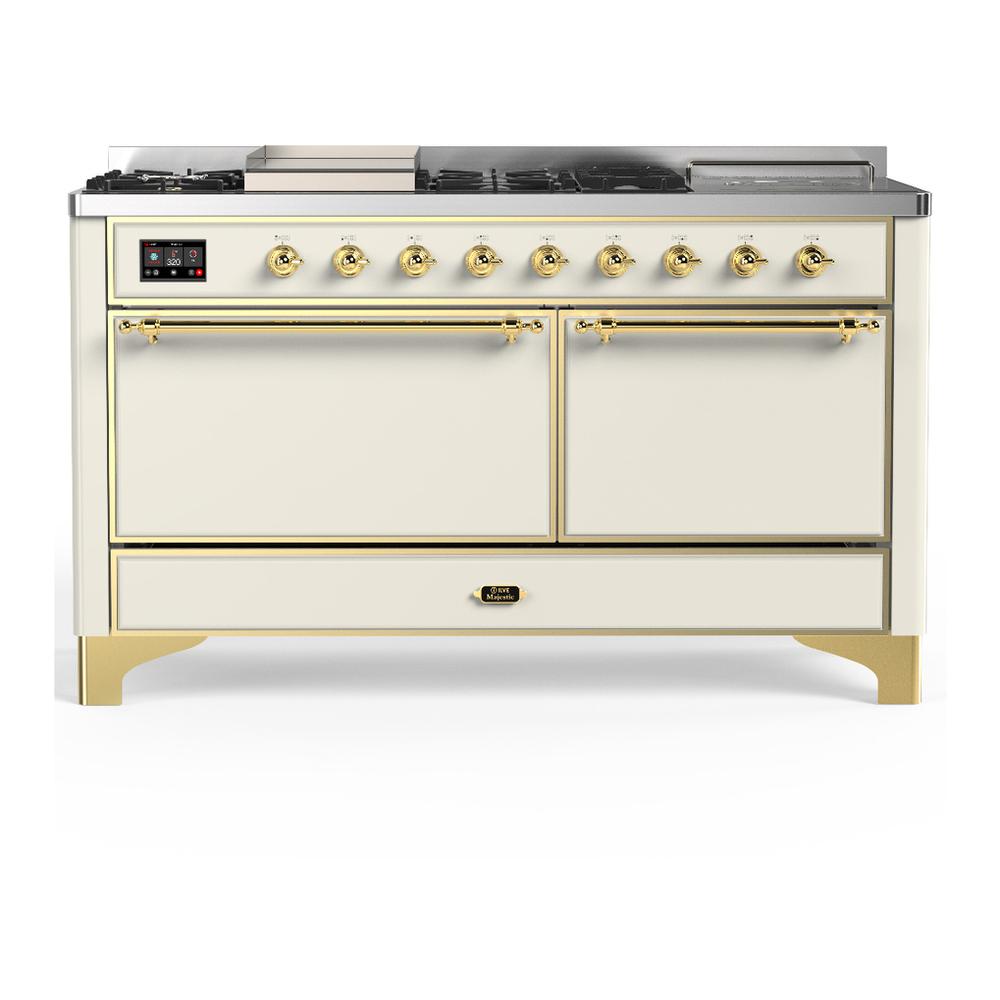 Ilve UM60FSQNR3AWGLP Ilve Um60Fsqnr3Awglp Majestic Iii 60 Inch Dual Fuel Range With 7 Burners, Griddle And French Top, Dual Function Burner With Up To 25,000 Btu (Liquid Propane, Solid Door, Antique White, Brass)