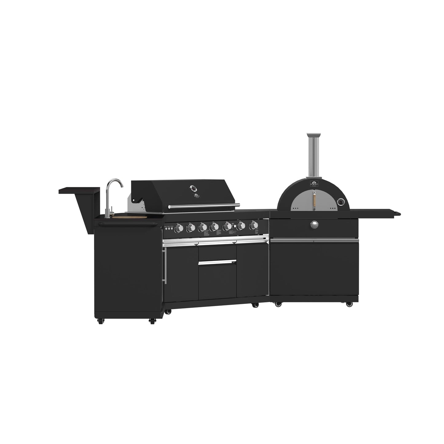 Forno FODKT2551BLK Forno All Aperto 87,600 Btu Outdoor Kitchen, 4 Burners, Infrared Burners, Side Burner, Black Sintered Stone Countertops, Gas Pizza Oven, Sink Module, Bar & Beverage Center