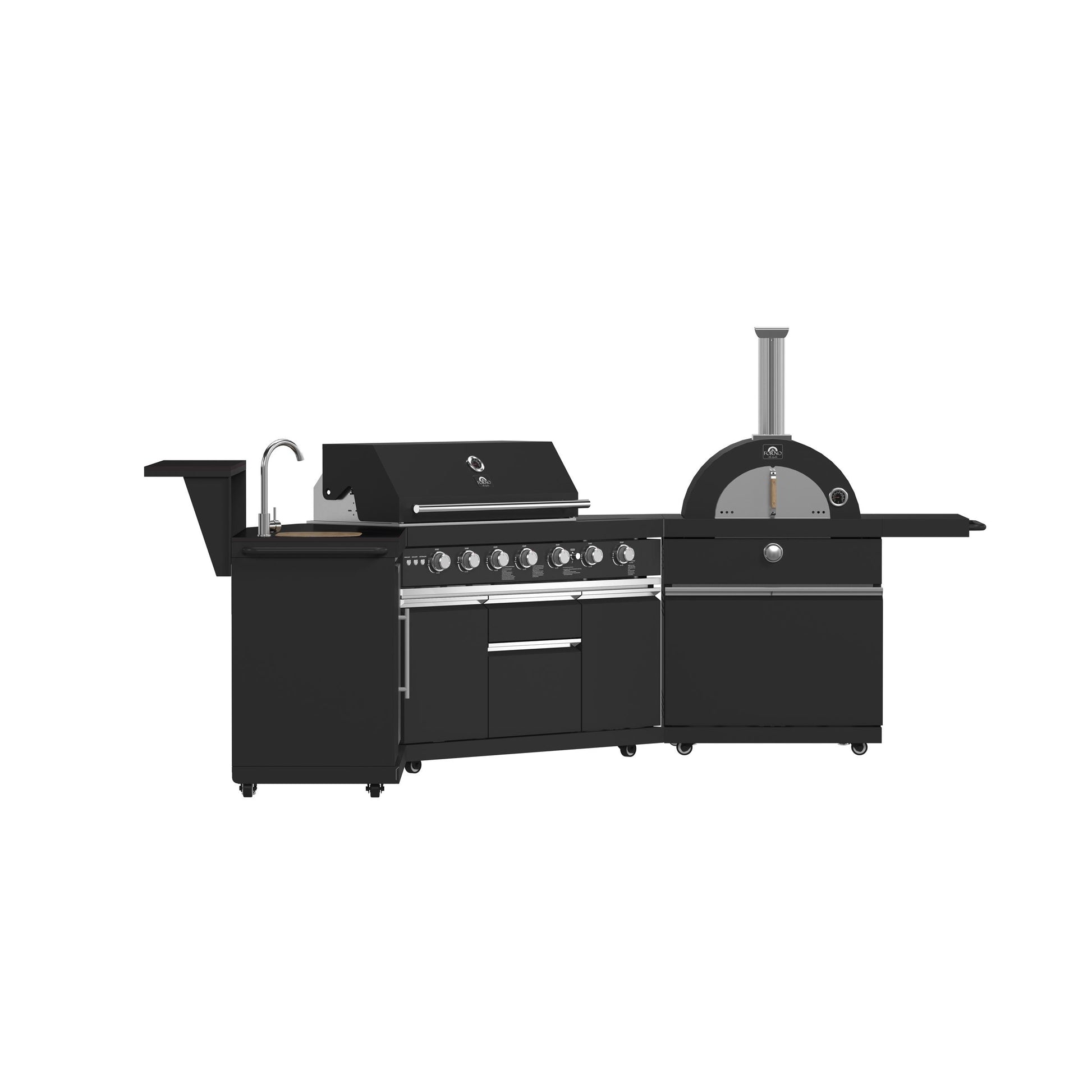 Forno FODKT2551BLK Forno All Aperto 87,600 Btu Outdoor Kitchen, 4 Burners, Infrared Burners, Side Burner, Black Sintered Stone Countertops, Gas Pizza Oven, Sink Module, Bar & Beverage Center