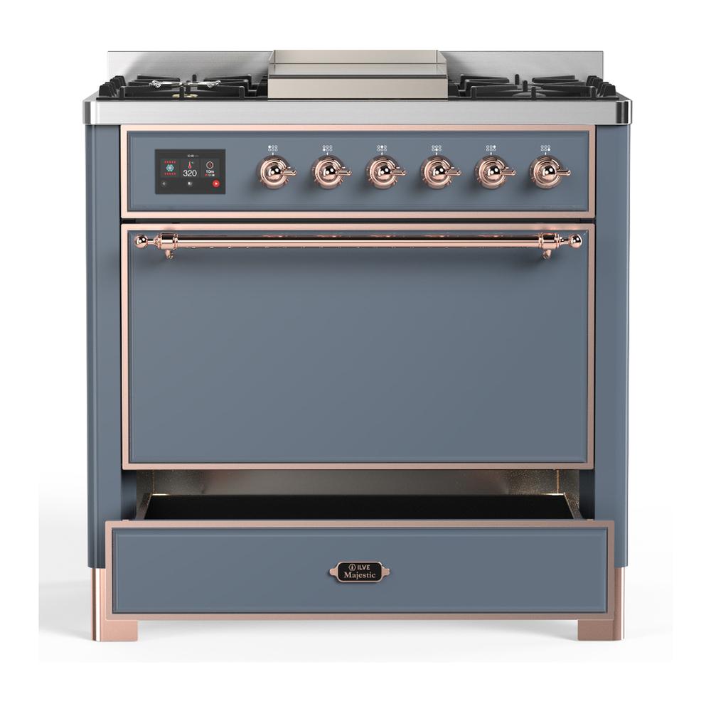 Ilve UM36FQNR3BGPLP Ilve Um36Fqnr3Bgplp Majestic Iii 36 Inch Dual Fuel Range With 6 Black Brass Burners And Griddle, Dual Function Burner Up To 25,000 Btu (Solid Door, Blue Grey, Copper, Liquid Propane)