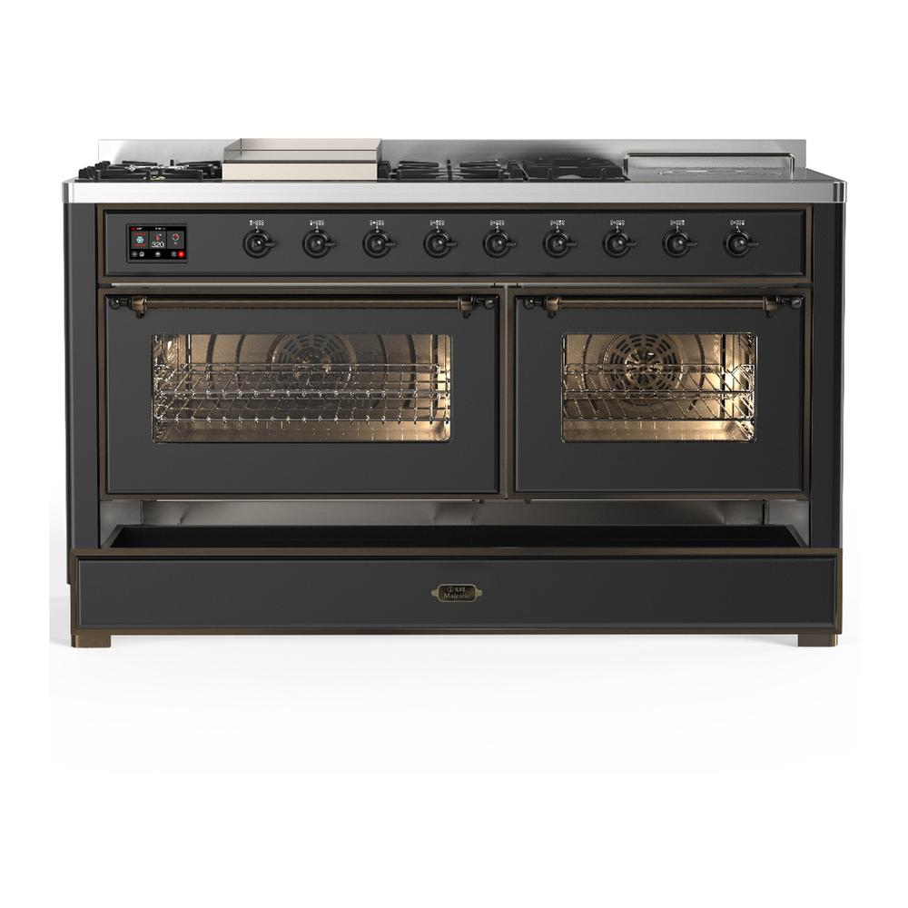 Ilve UM60FSNR3MGBLP Ilve Um60Fsnr3Mgblp Majestic Iii 60 Inch Dual Fuel Range With 7 Burners, Griddle And French Top, Dual Function Burner With Up To 25,000 Btu (Liquid Propane, Triple Glass Door, Graphite Matte, Burnished)