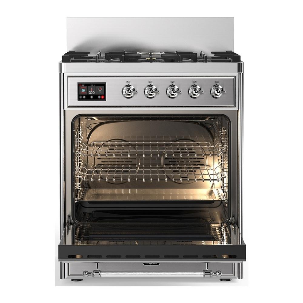 Ilve UM30NR3SSCLP Ilve Um30Nr3Ssclp Majestic Iii 30 Inch Dual Fuel Range With 5 Black Brass Burners, Dual Function Burner Up To 25,000 Btu (Liquid Propane, Triple Glass Door, Stainless Steel, Chrome)