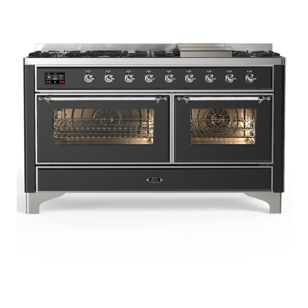 Ilve UM60FNR3MGCLP Ilve Um60Fnr3Mgclp Majestic Iii 60 Inch Dual Fuel Range With 9 Burners And Griddle, Dual Function Burner Up To 25,000 Btu (Liquid Propane, Triple Glass Door, Graphite Matte, Chrome)