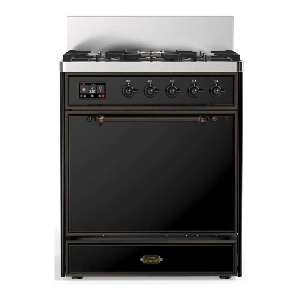 Ilve UM30QNR3BKB Ilve Um30Qnr3Bkb Majestic Iii 30 Inch Dual Fuel Range With 5 Black Brass Burners, Dual Function Burner Up To 25,000 Btu (Natural Gas, Solid Door, Glossy Black, Burnished)