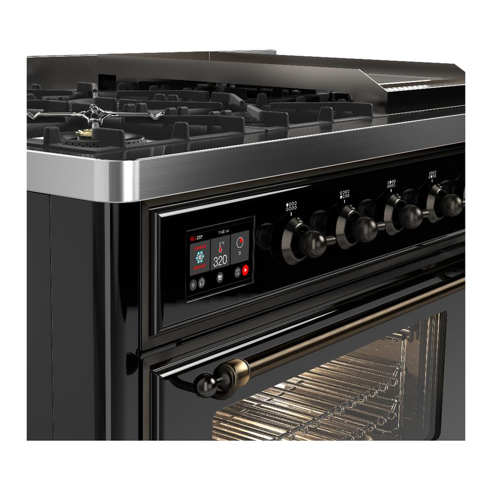 Ilve UM48FNR3BKB Ilve Um48Fnr3Bkb Majestic Iii 48 Inch Dual Fuel Range With 8 Burners And Griddle, Dual Function Burner Up To 25,000 Btu (Natural Gas, Triple Glass Door, Glossy Black, Burnished)