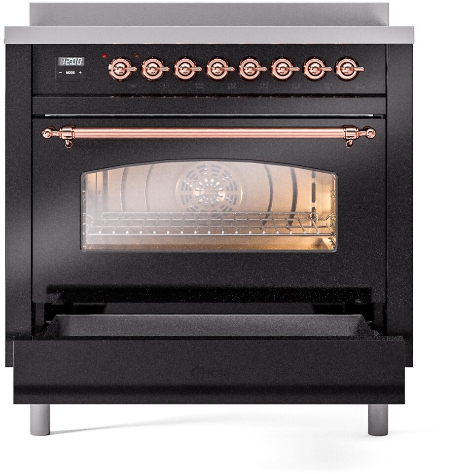 Ilve UPI366NMPBKP Nostalgie Ii 36 Inch Electric Freestanding Range In Glossy Black With Copper Trim