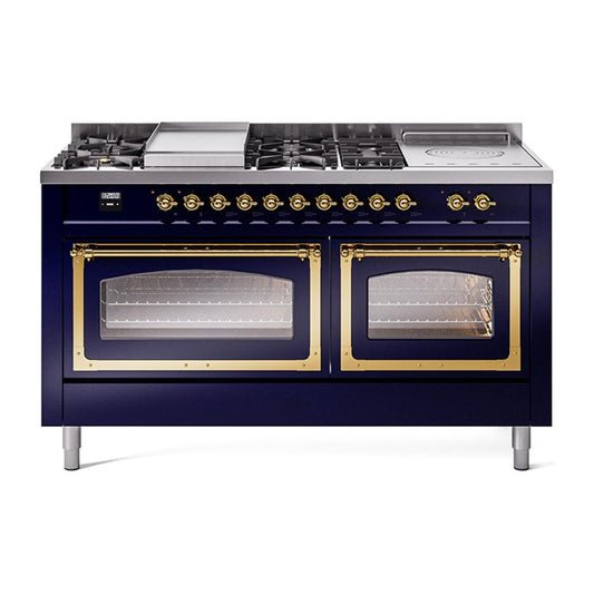 Ilve UN60FSNMPMBGLP Ilve Un60Fsnmpmbglp Nostalgie Ii Noblesse 60" Dual Fuel Range (7 Sealed Burners + Griddle + French Top, Liquid Propane, Triple Glass Door, Midnight Blue, Brass)