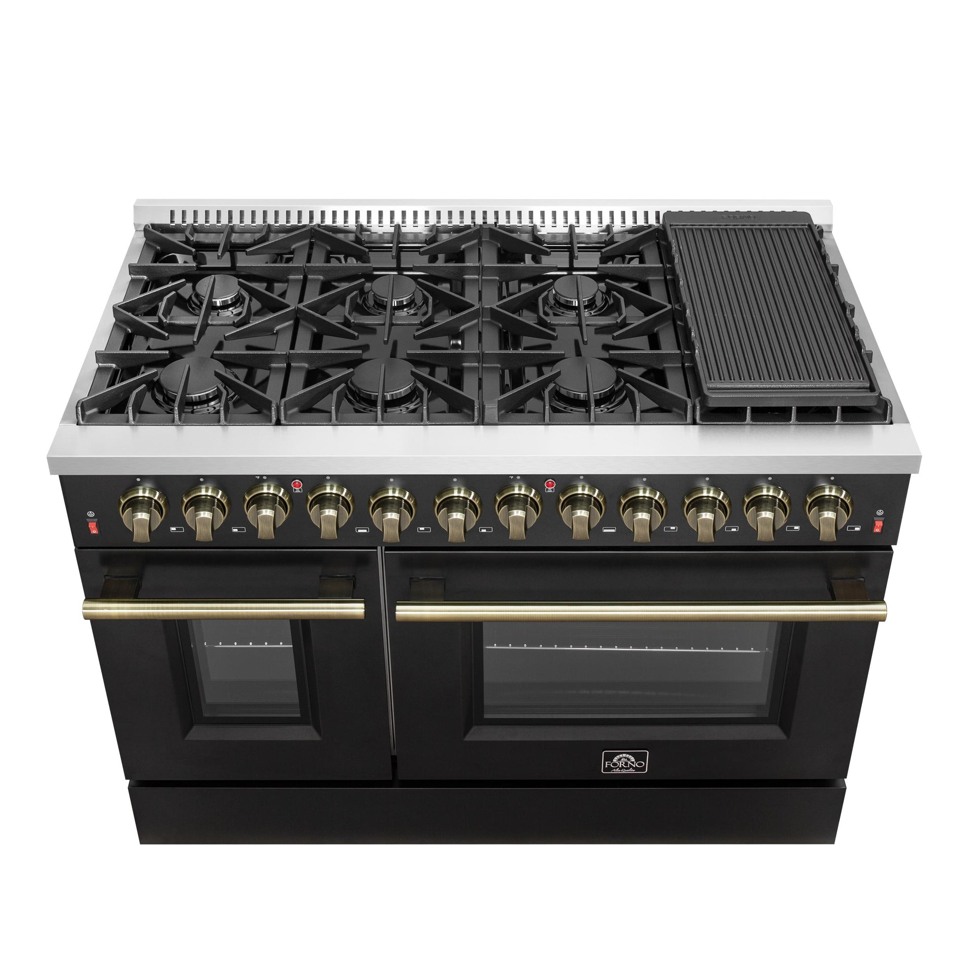 Forno FFSGS615648BLK Galiano 48-Inch Dual Fuel Range Black & Antique Brass Design With 8 Sealed Burners 107,000 Btu, 6.58 Cu. Ft. Double Ovens & Griddle