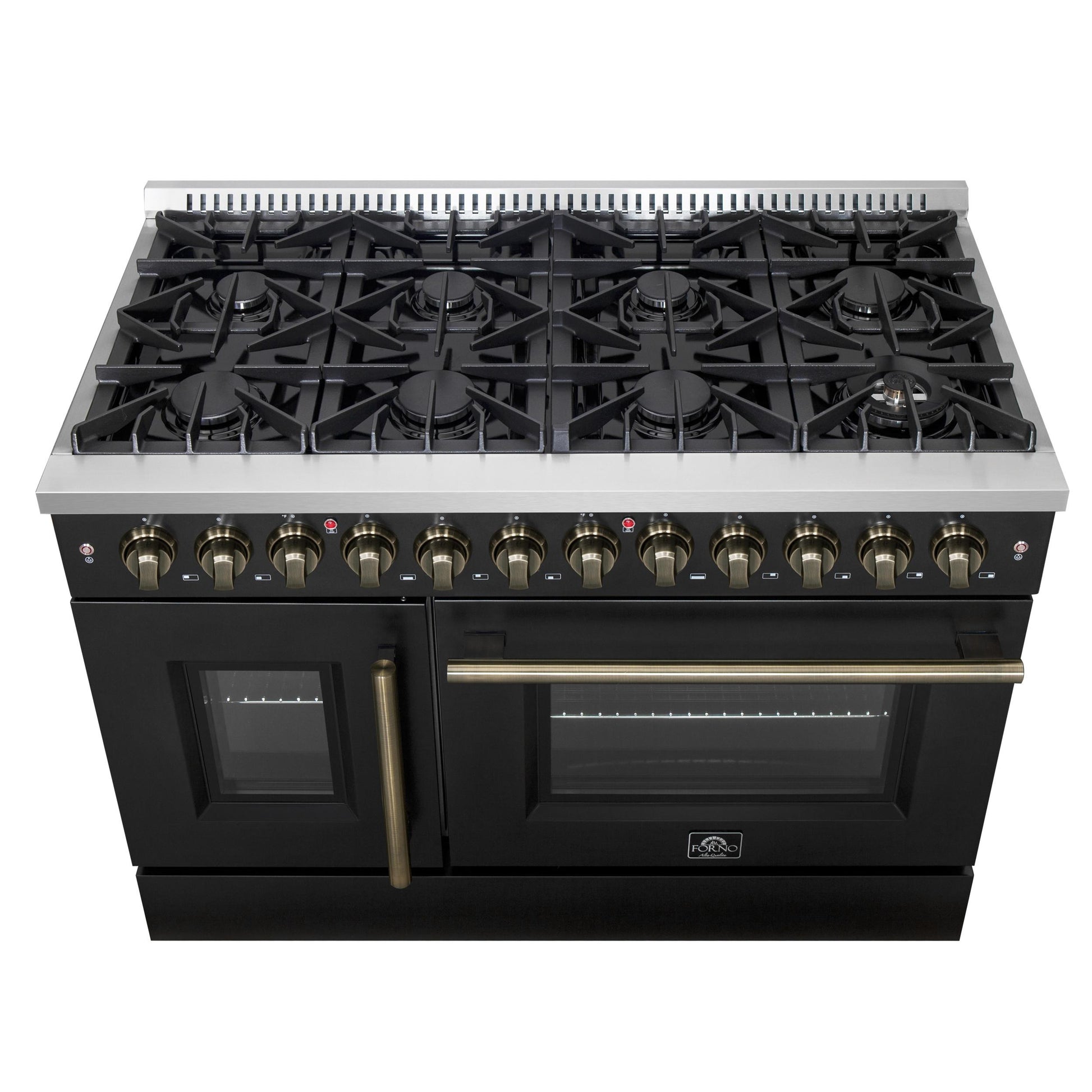 Forno FFSGS635648BLK Forno Galiano 48-Inch French Door Dual Fuel Range, Black & Antique Brass Design, 8 Sealed Burners - 107,000 Btu, Griddle, 6.58 Cu.Ft. Double Ovens