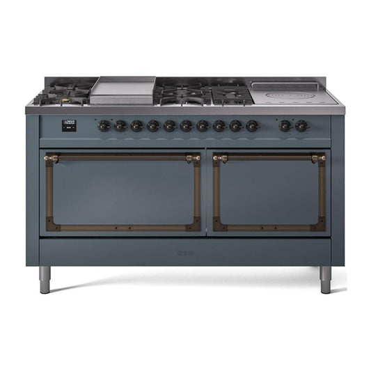 Ilve UN60FSQNMPBGBLP Ilve Un60Fsqnmpbgblp Nostalgie Ii Noblesse 60" Dual Fuel Range (7 Sealed Burners + Griddle + French Top, Liquid Propane, Solid Door, Blue Grey, Burnished)