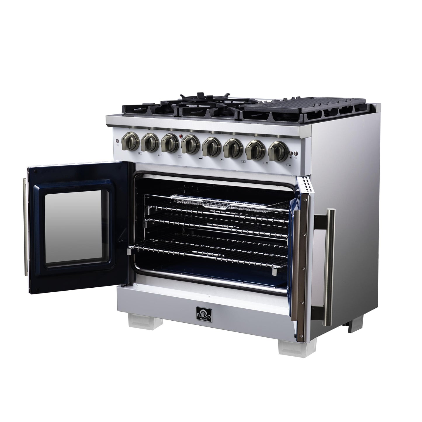 Forno FFSGS638736WHT Forno Capriasca 36 Inch Freestanding French Door Dual Fuel Range In White With Antique Brass Accessories, 6 Burners, True Convection Oven