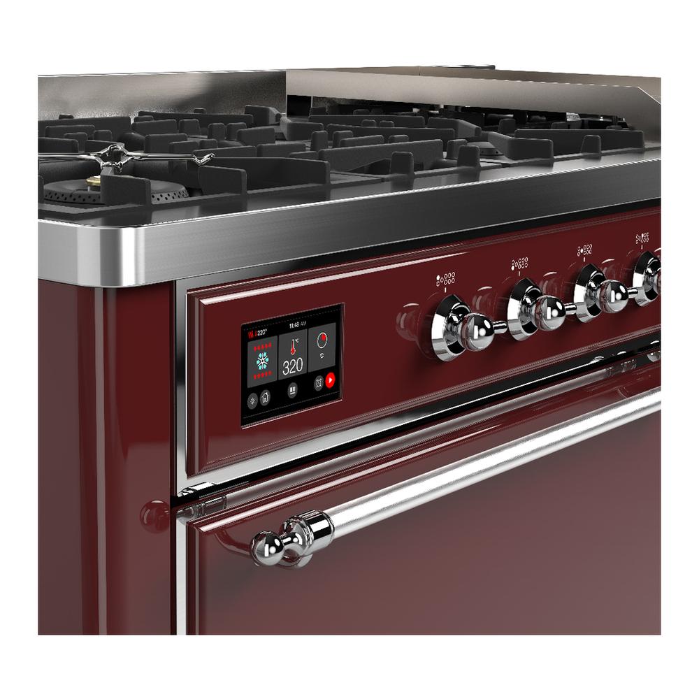 Ilve UM60FQNR3BUCLP Ilve Um60Fqnr3Buclp Majestic Iii 60 Inch Dual Fuel Range With 9 Burners And Griddle, Dual Function Burner Up To 25,000 Btu (Liquid Propane, Solid Door, Burgundy, Chrome)