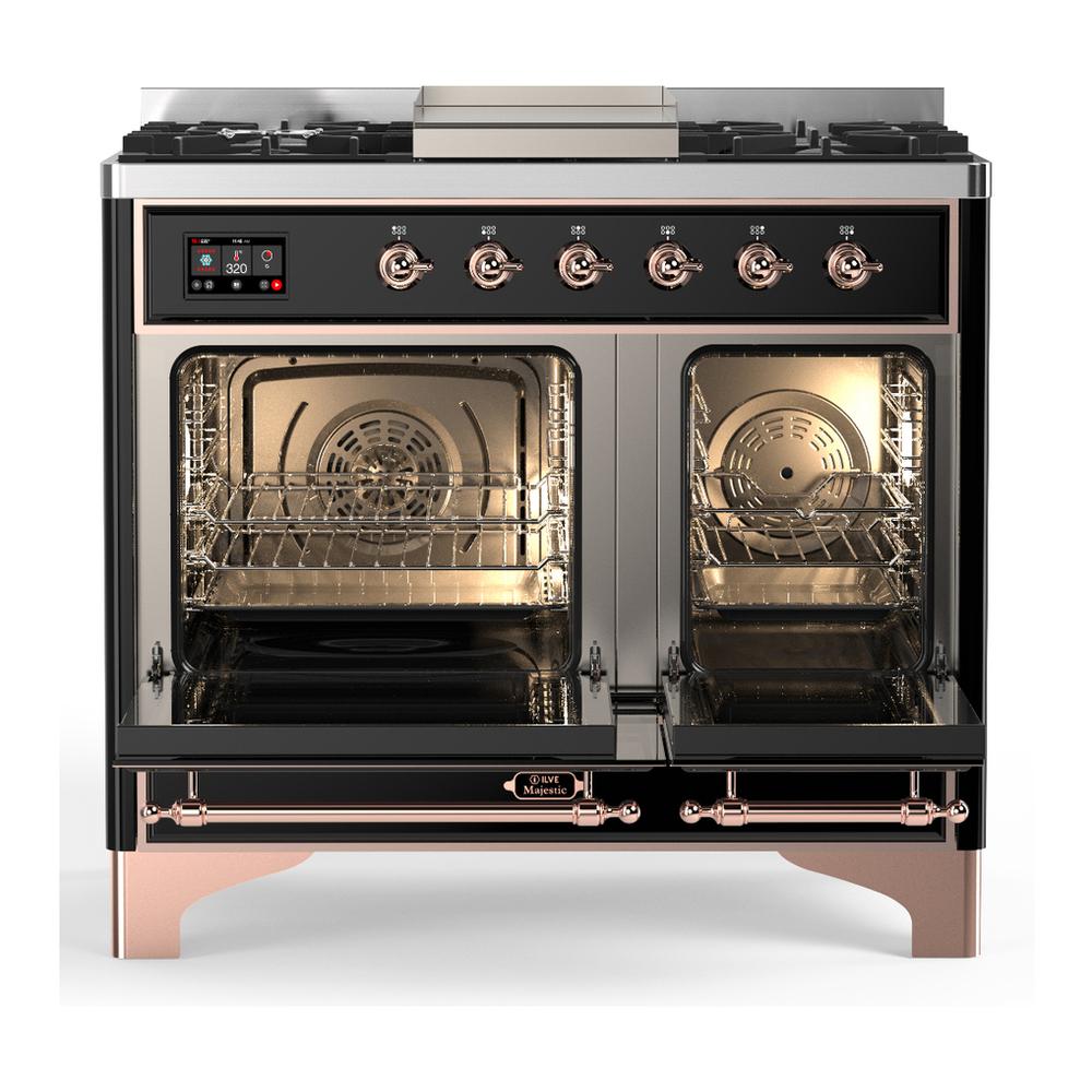 Ilve UMD40FNR3BKPLP Ilve Umd40Fnr3Bkplp Majestic Iii 40 Inch Dual Fuel Range With 6 Burners And Griddle, Dual Function Burner Up To 25,000 Btu (Liquid Propane, Triple Glass Door, Glossy Black, Copper)