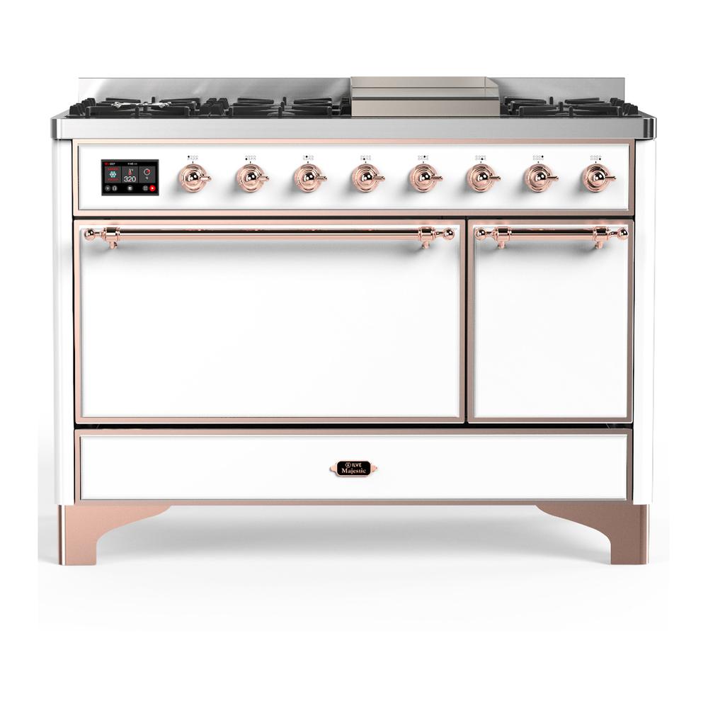 Ilve UM48FQNR3WHPLP Ilve Um48Fqnr3Whplp Majestic Iii 48 Inch Dual Fuel Range With 8 Burners And Griddle, Dual Function Burner Up To 25,000 Btu (Liquid Propane, Solid Door, White, Copper)