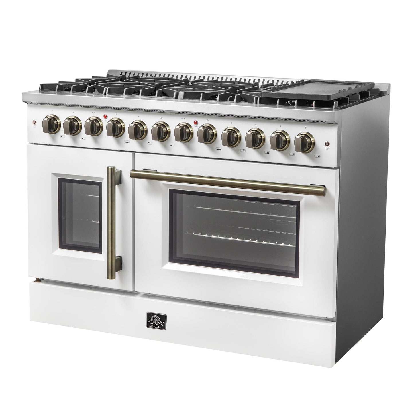 Forno FFSGS635648WHT Forno Galiano 48-Inch French Door Dual Fuel Range, White & Antique Brass Design, 8 Sealed Burners - 107,000 Btu, Griddle, 6.58 Cu.Ft. Double Ovens