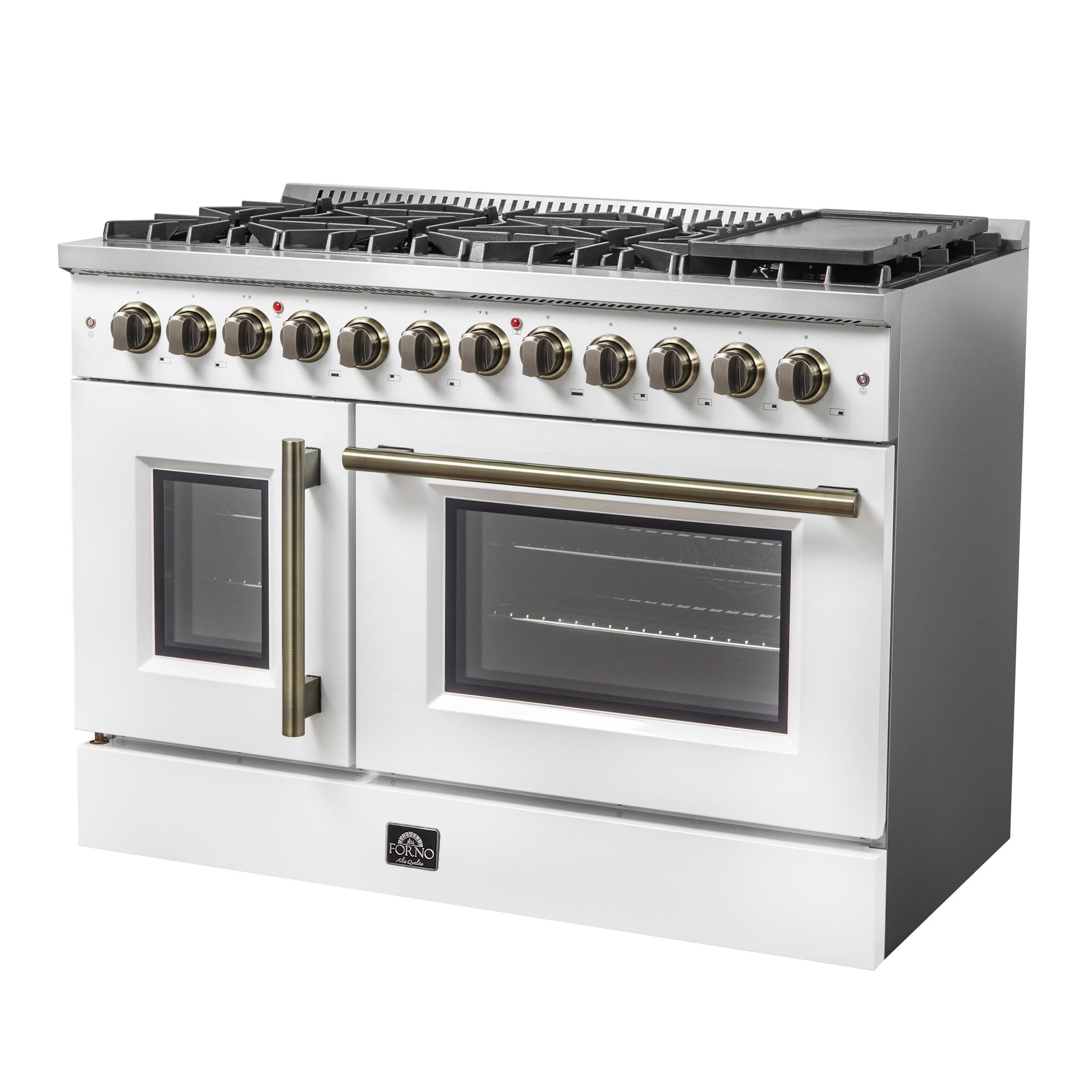 Forno FFSGS635648WHT Forno Galiano 48-Inch French Door Dual Fuel Range, White & Antique Brass Design, 8 Sealed Burners - 107,000 Btu, Griddle, 6.58 Cu.Ft. Double Ovens