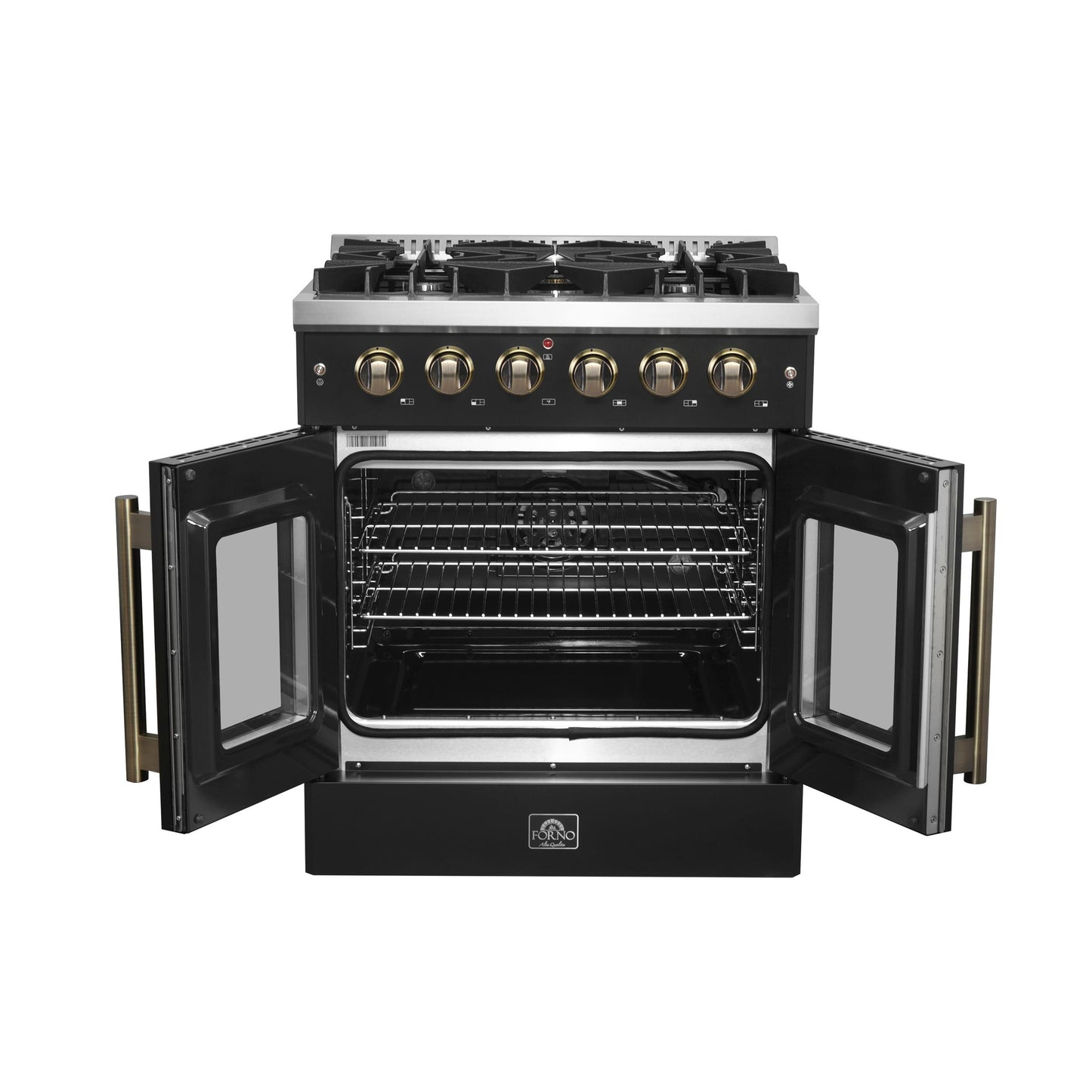 Forno FFSGS644430BLK Forno Galiano 30-Inch French Door Gas Range Black And Antique Brass Design, 5 Sealed Burners 68,000 Btu, 4.32 Cu.Ft. Convection Oven