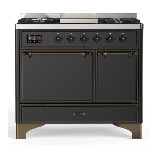 Ilve UMD40FQNR3MGBLP Ilve Umd40Fqnr3Mgblp Majestic Iii 40 Inch Dual Fuel Range With 6 Burners And Griddle, Dual Function Burner Up To 25,000 Btu (Liquid Propane, Solid Door, Graphite Matte, Burnished)