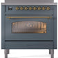 Ilve UPI366NMPBGG Nostalgie Ii 36 Inch Electric Freestanding Range In Blue Grey With Brass Trim