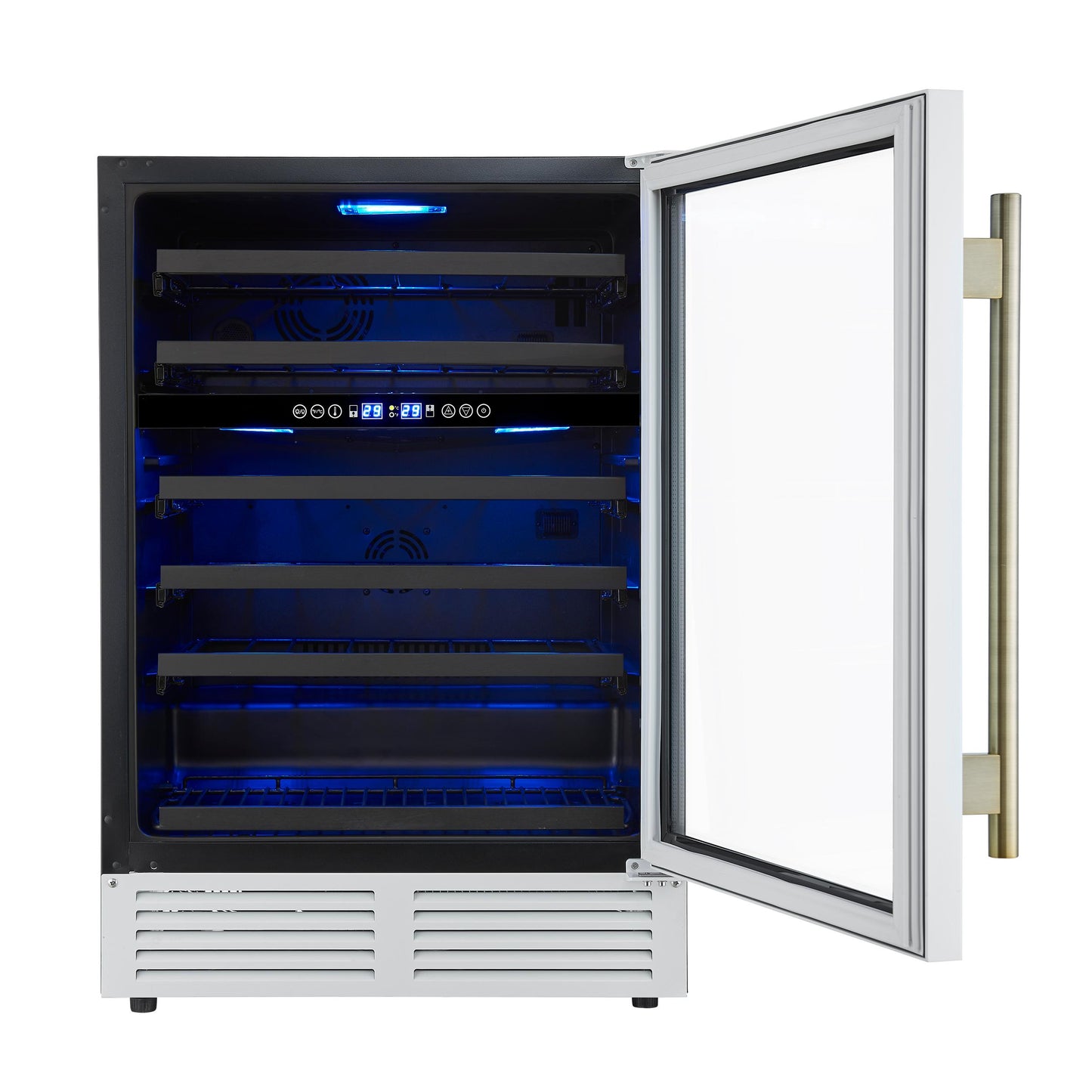 Forno FWCDR663424WHT Forno Bacchino 24 Inch Wine Cooler, White With Antique Brass Handles, With Led Lighting, Triple Glass Door, 51 Bottle Capacity, Built-In Or Freestanding