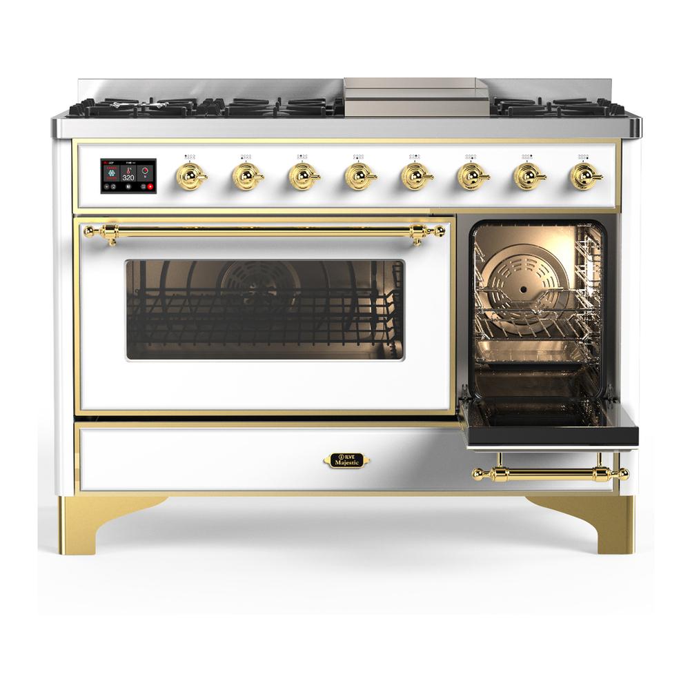 Ilve UM48FNR3WHG Ilve Um48Fnr3Whg Majestic Iii 48 Inch Dual Fuel Range With 8 Burners And Griddle, Dual Function Burner Up To 25,000 Btu (Natural Gas, Triple Glass Door, White, Brass)