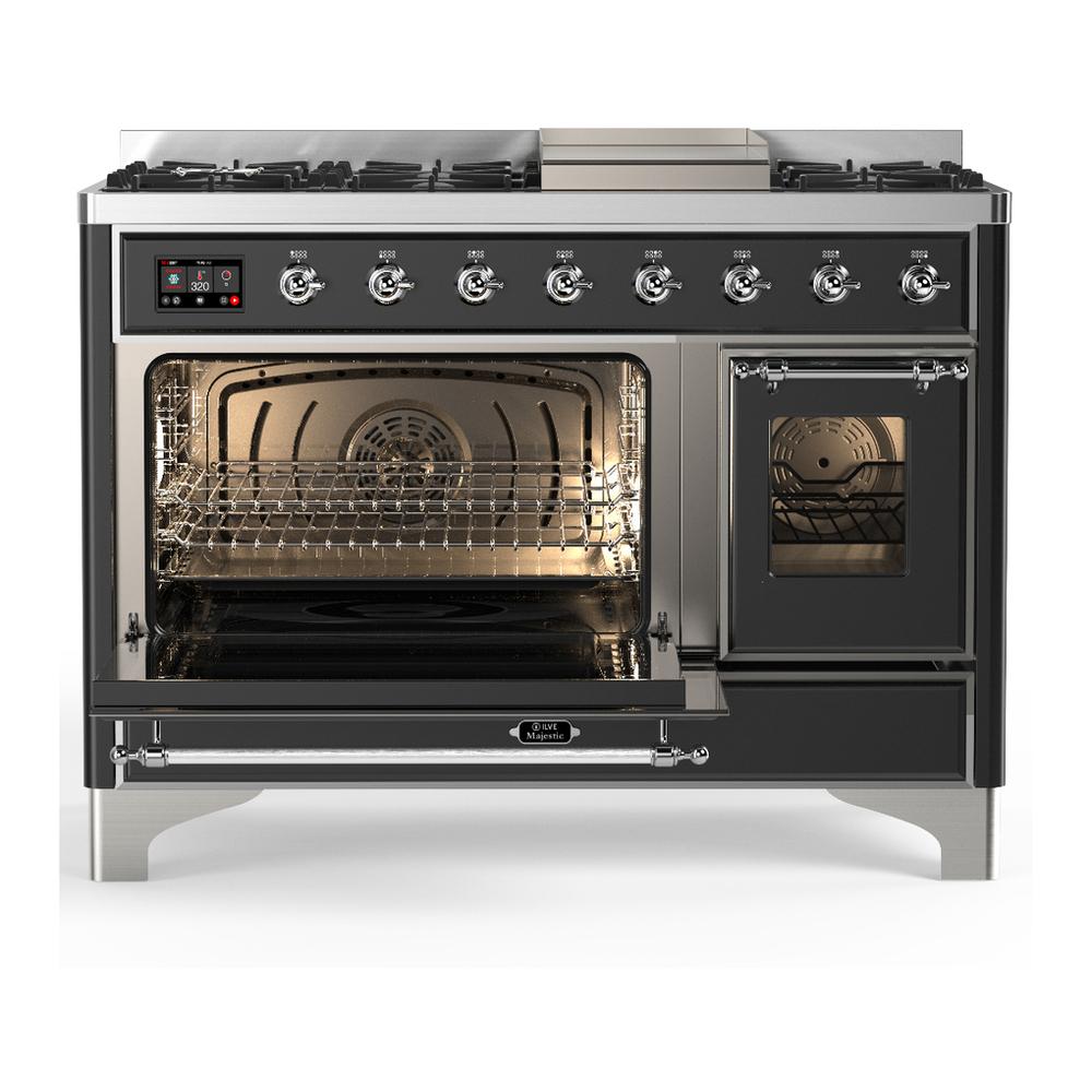 Ilve UM48FNR3MGCLP Ilve Um48Fnr3Mgclp Majestic Iii 48 Inch Dual Fuel Range With 8 Burners And Griddle, Dual Function Burner Up To 25,000 Btu (Liquid Propane, Triple Glass Door, Graphite Matte, Chrome)