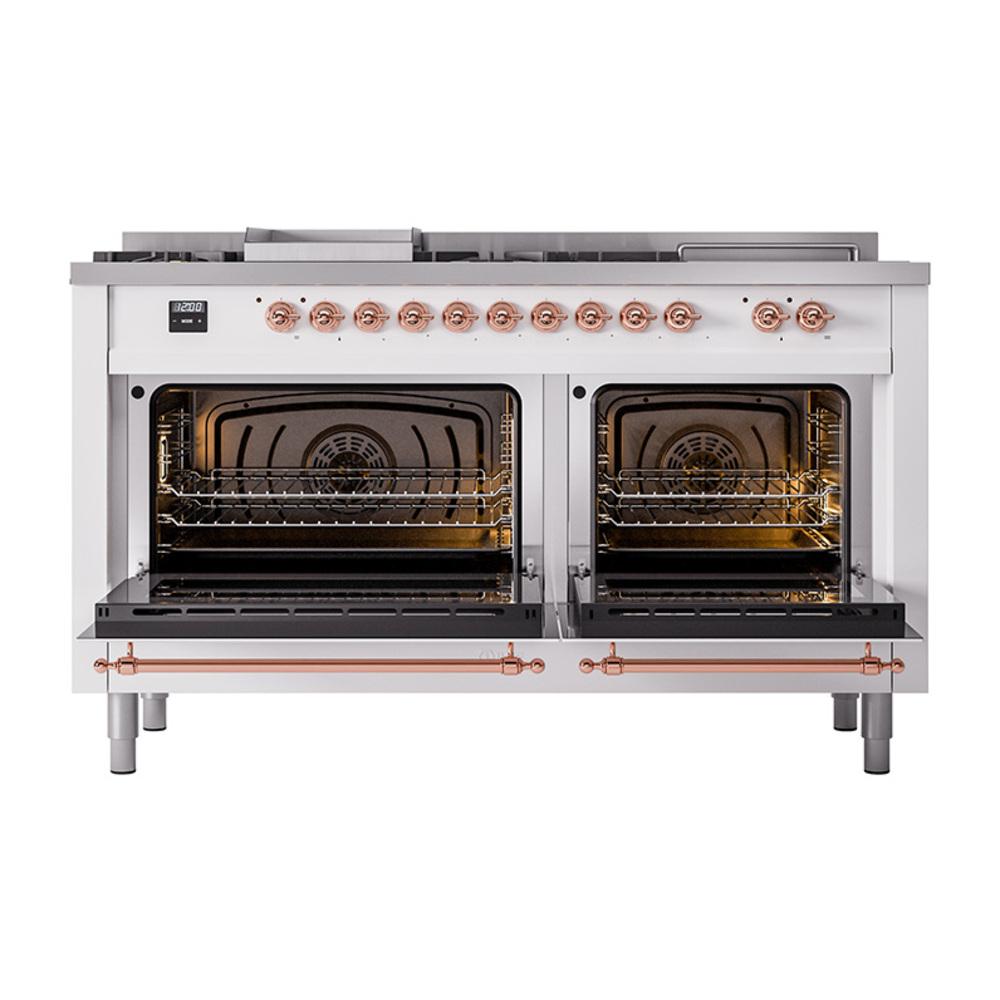Ilve UN60FSQNMPWHP Ilve Un60Fsqnmpwhp Nostalgie Ii Noblesse 60" Dual Fuel Range (7 Sealed Burners + Griddle + French Top, Natural Gas, Solid Door, White, Copper)