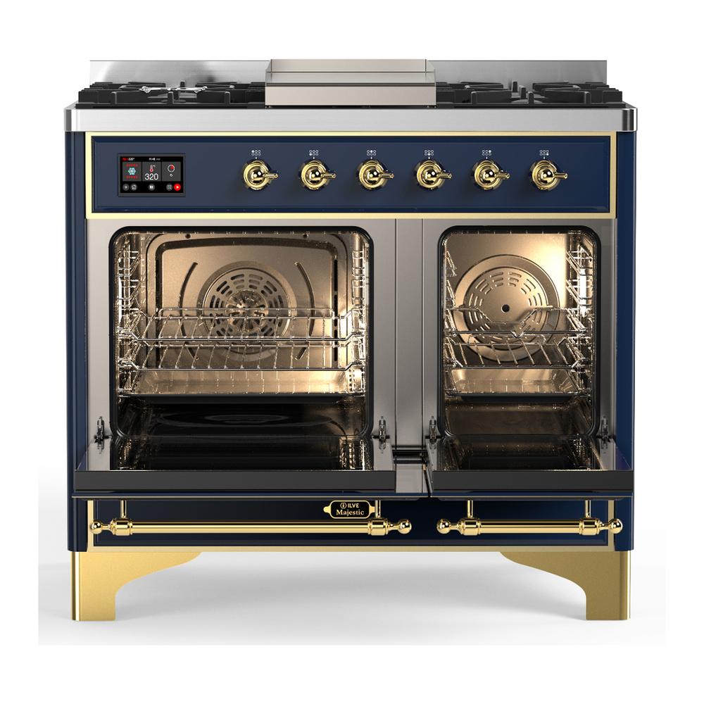 Ilve UMD40FNR3MBG Ilve Umd40Fnr3Mbg Majestic Iii 40 Inch Dual Fuel Range With 6 Burners And Griddle, Dual Function Burner Up To 25,000 Btu (Natural Gas, Triple Glass Door, Midnight Blue, Brass)