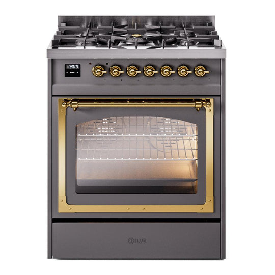 Ilve UN30NMPMGGLP Ilve Un30Nmpmgglp Nostalgie Ii Noblesse 30" Dual Fuel Range (Liquid Propane, Triple Glass Door, Graphite Matte, Brass)