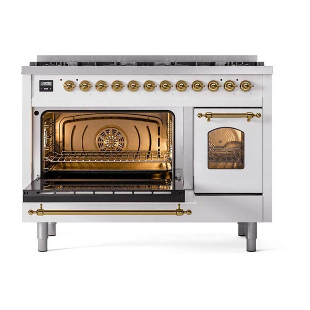 Ilve UP488NMPWHG Ilve Up488Nmpwhg Nostalgie Ii 48 Inch Dual Fuel Range With 8 Total Black Brass Sealed Burners, Brass Trim (Limited Edition) (Natural Gas, White)