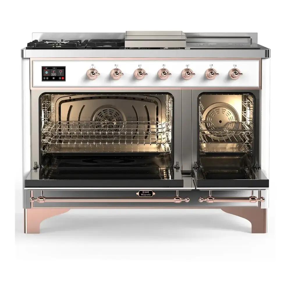 Ilve UM48FSNR3RAP Ilve Um48Fsnr3Rap Majestic Iii 48 Inch Dual Fuel Range With 5 Black Brass Burners, Griddle And French Top, Dual Function Burner Up To 25,000 Btu (Natural Gas, Triple Glass Door, Ral, Copper)