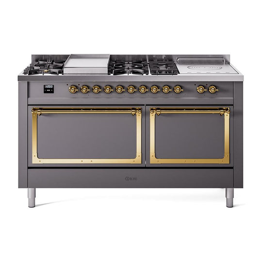 Ilve UN60FSQNMPMGGLP Ilve Un60Fsqnmpmgglp Nostalgie Ii Noblesse 60" Dual Fuel Range (7 Sealed Burners + Griddle + French Top, Liquid Propane, Solid Door, Graphite Matte, Brass)