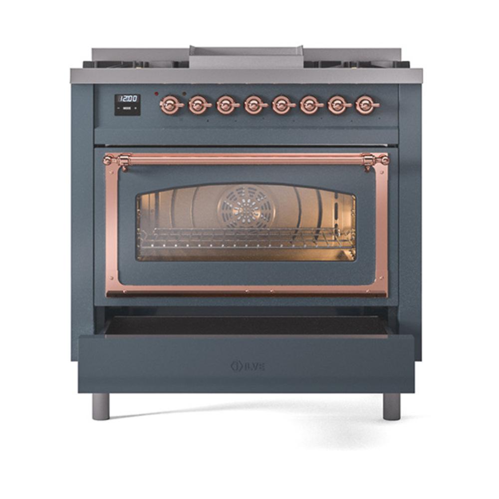 Ilve UN36FNMPBGPLP Ilve Un36Fnmpbgplp Nostalgie Ii Noblesse 36" Dual Fuel Range (Liquid Propane, Triple Glass Door, Blue Grey, Copper)