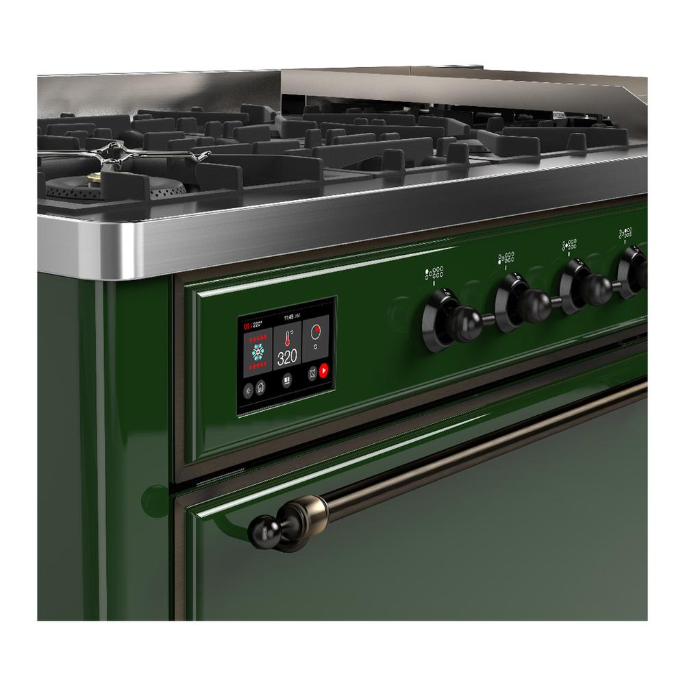 Ilve UM60FQNR3EGB Ilve Um60Fqnr3Egb Majestic Iii 60 Inch Dual Fuel Range With 9 Burners And Griddle, Dual Function Burner Up To 25,000 Btu (Natural Gas, Solid Door, Emerald Green, Burnished)