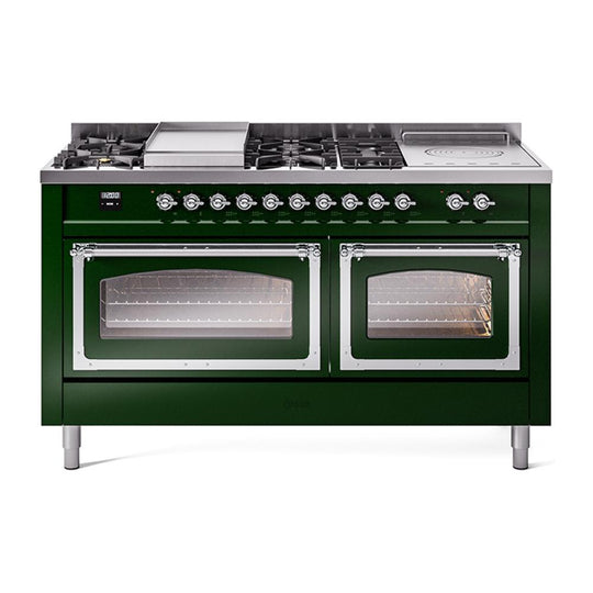 Ilve UN60FSNMPEGCLP Ilve Un60Fsnmpegclp Nostalgie Ii Noblesse 60" Dual Fuel Range (7 Sealed Burners + Griddle + French Top, Liquid Propane, Triple Glass Door, Emerald Green, Chrome)