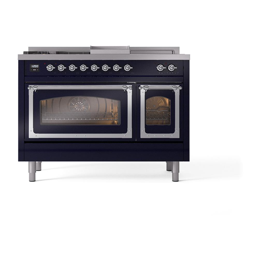Ilve UN48FSNMPMBCLP Ilve Un48Fsnmpmbclp Nostalgie Ii Noblesse 48" Dual Fuel Range (5 Sealed Burners + Griddle + French Top, Liquid Propane, Triple Glass Door, Midnight Blue, Chrome)