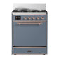 Ilve UM30QNR3BGPLP Ilve Um30Qnr3Bgplp Majestic Iii 30 Inch Dual Fuel Range With 5 Black Brass Burners, Dual Function Burner Up To 25,000 Btu (Liquid Propane, Solid Door, Blue Grey, Copper)
