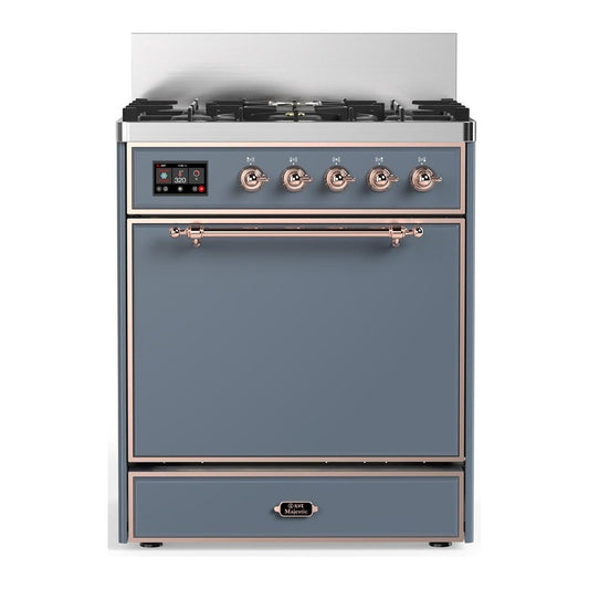 Ilve UM30QNR3BGPLP Ilve Um30Qnr3Bgplp Majestic Iii 30 Inch Dual Fuel Range With 5 Black Brass Burners, Dual Function Burner Up To 25,000 Btu (Liquid Propane, Solid Door, Blue Grey, Copper)