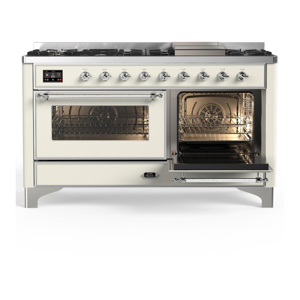 Ilve UM60FNR3AWCLP Ilve Um60Fnr3Awclp Majestic Iii 60 Inch Dual Fuel Range With 9 Burners And Griddle, Dual Function Burner Up To 25,000 Btu (Liquid Propane, Triple Glass Door, Antique White, Chrome)