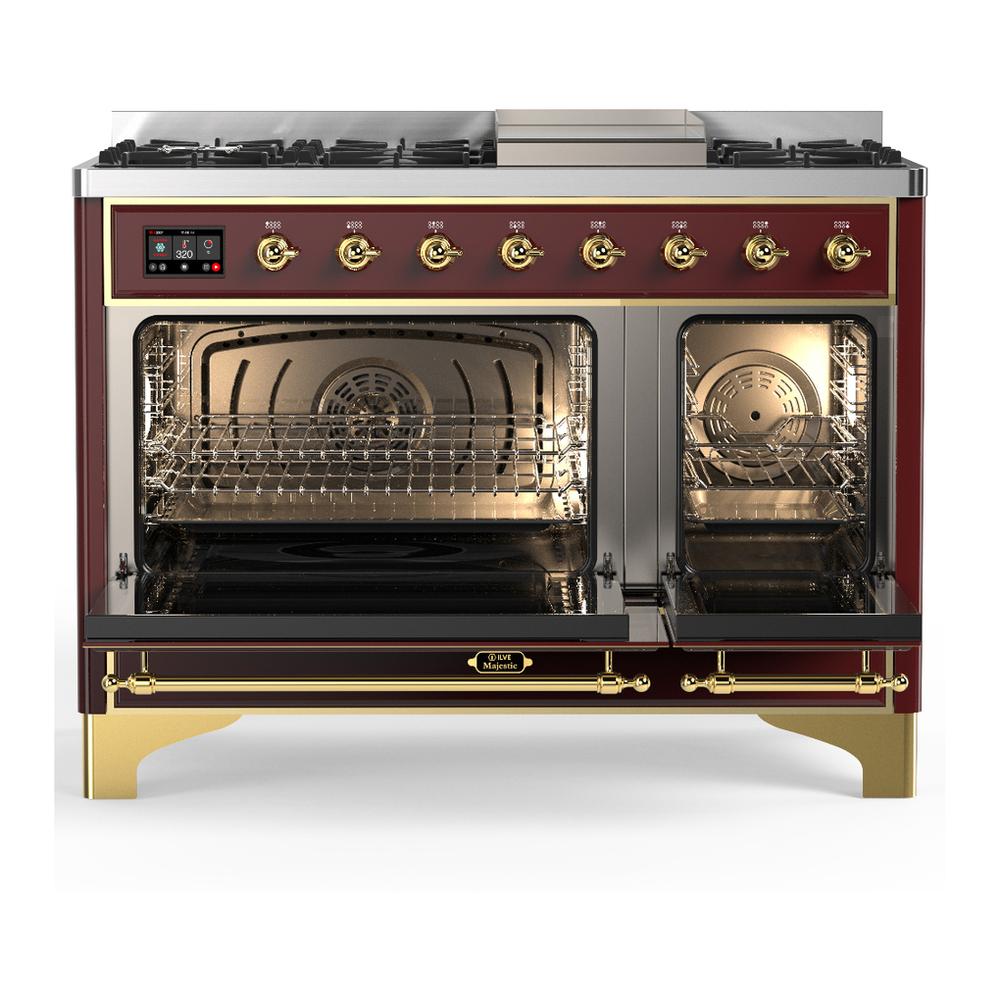 Ilve UM48FQNR3BUGLP Ilve Um48Fqnr3Buglp Majestic Iii 48 Inch Dual Fuel Range With 8 Burners And Griddle, Dual Function Burner Up To 25,000 Btu (Liquid Propane, Solid Door, Burgundy, Brass)