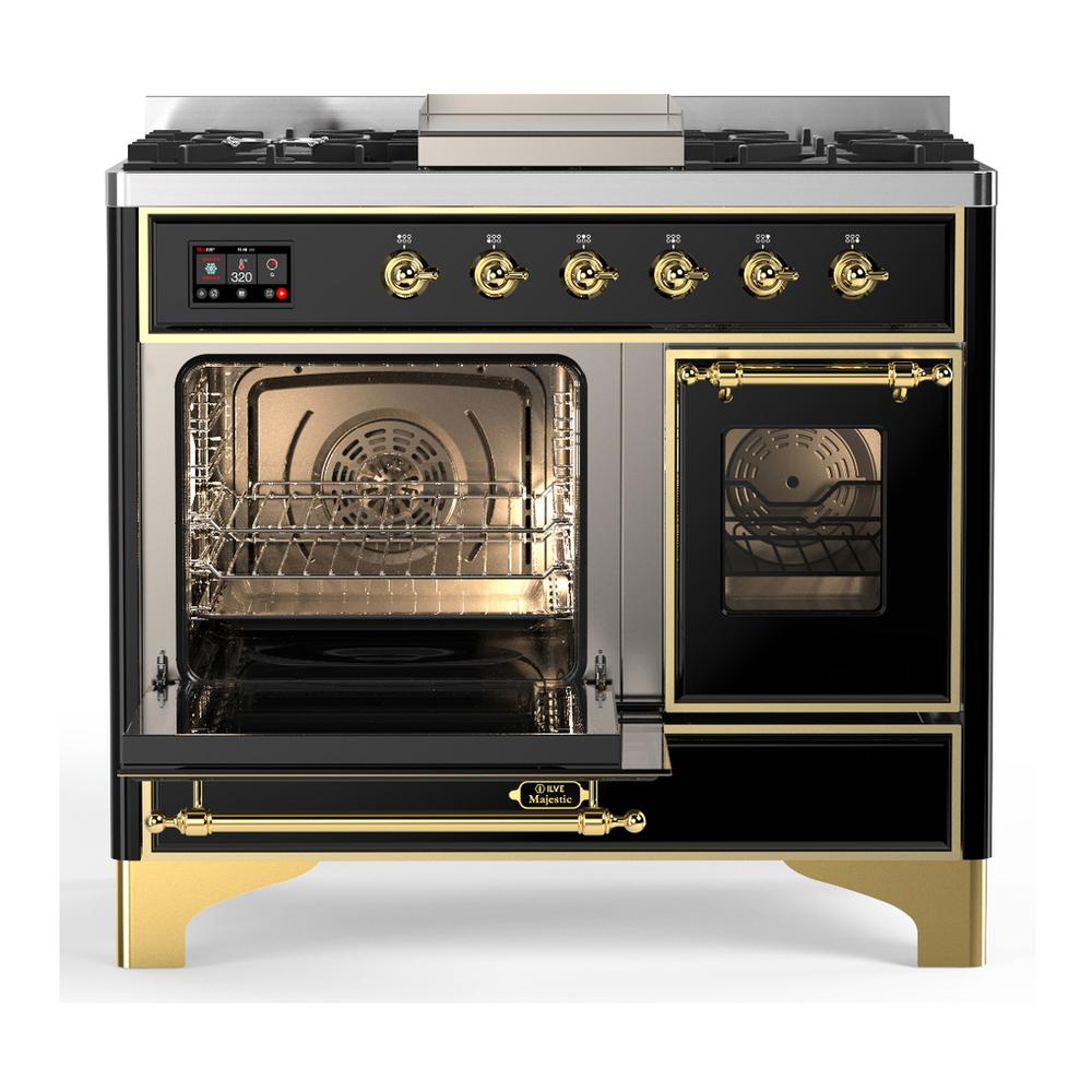Ilve UMD40FNR3BKGLP Ilve Umd40Fnr3Bkglp Majestic Iii 40 Inch Dual Fuel Range With 6 Burners And Griddle, Dual Function Burner Up To 25,000 Btu (Liquid Propane, Triple Glass Door, Glossy Black, Brass)